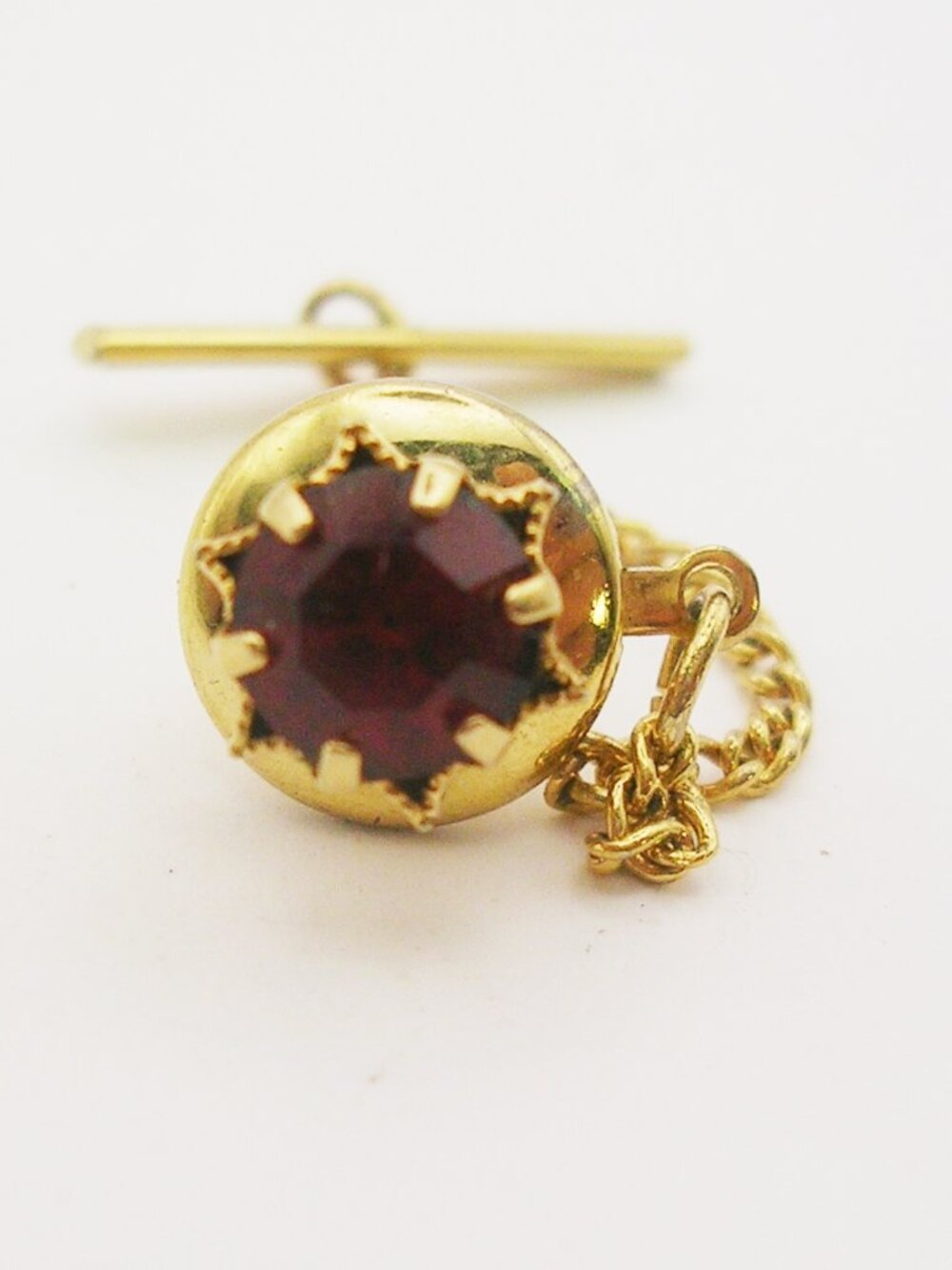 Vintage Tie Tack Pin with Chain Red Rhinestone gold tone Prong Setting